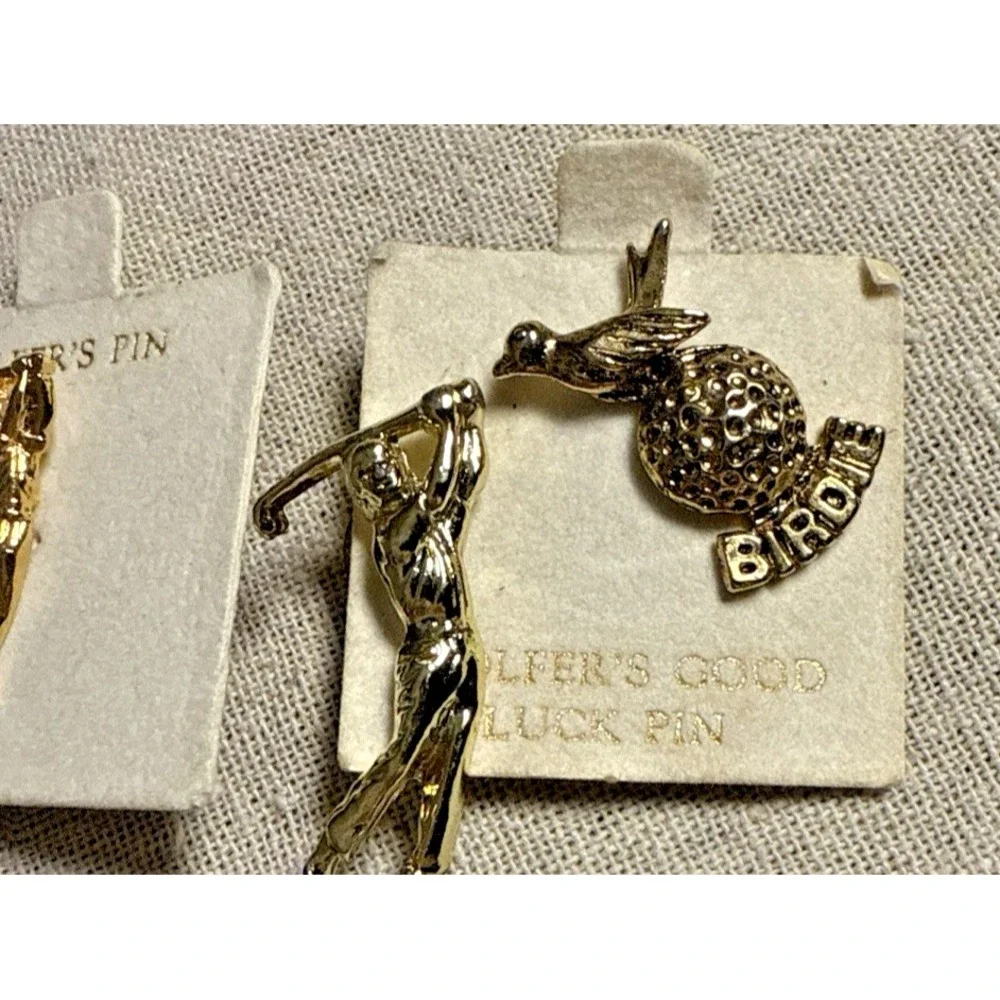 2-Men Golfer Swinging Club and 1-Birdie with golf ball Gold Tone Collectible Pin - Picture 2 of 9